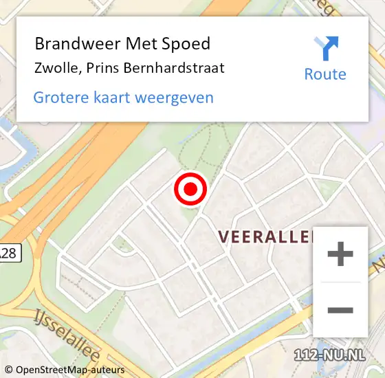 Locatie op kaart van de 112 melding: Brandweer Met Spoed Naar Zwolle, Prins Bernhardstraat op 28 september 2021 16:11