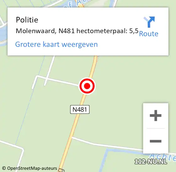 Locatie op kaart van de 112 melding: Politie Molenwaard, N481 hectometerpaal: 5,5 op 28 september 2021 16:20