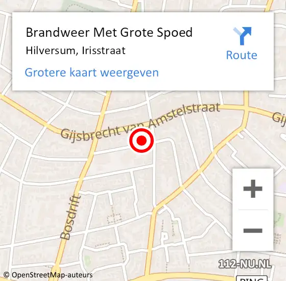 Locatie op kaart van de 112 melding: Brandweer Met Grote Spoed Naar Hilversum, Irisstraat op 28 september 2021 16:53