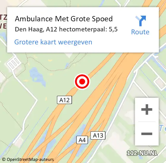 Locatie op kaart van de 112 melding: Ambulance Met Grote Spoed Naar Den Haag, A12 hectometerpaal: 5,5 op 28 september 2021 17:18