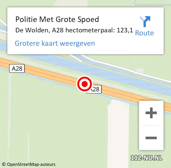 Locatie op kaart van de 112 melding: Politie Met Grote Spoed Naar De Wolden, A28 hectometerpaal: 123,1 op 28 september 2021 17:33