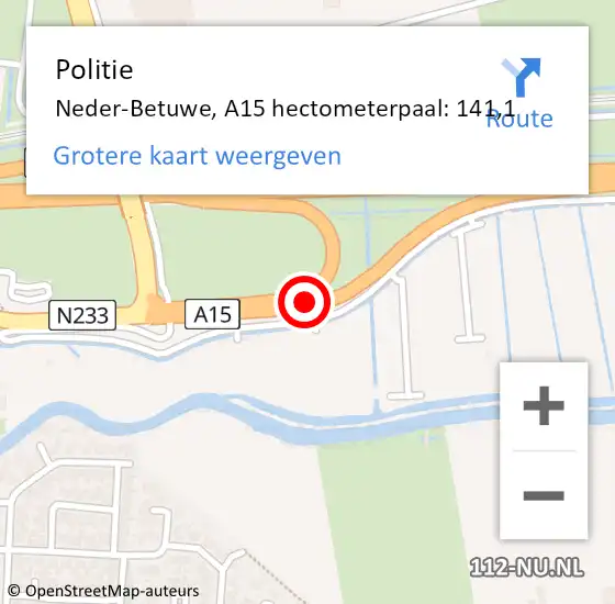 Locatie op kaart van de 112 melding: Politie Neder-Betuwe, A15 hectometerpaal: 141,1 op 28 september 2021 18:02