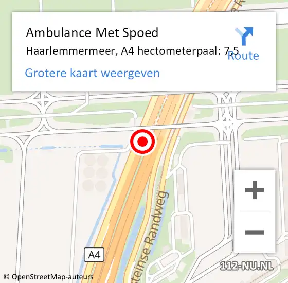 Locatie op kaart van de 112 melding: Ambulance Met Spoed Naar Haarlemmermeer, A4 hectometerpaal: 7,5 op 28 september 2021 18:10