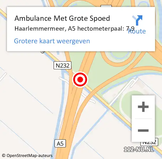 Locatie op kaart van de 112 melding: Ambulance Met Grote Spoed Naar Haarlemmermeer, A5 hectometerpaal: 7,9 op 28 september 2021 19:12