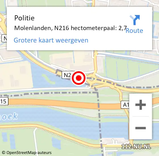 Locatie op kaart van de 112 melding: Politie Giessenlanden, N216 hectometerpaal: 2,7 op 28 september 2021 21:28