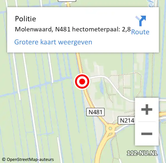 Locatie op kaart van de 112 melding: Politie Molenwaard, N481 hectometerpaal: 2,8 op 28 september 2021 23:57