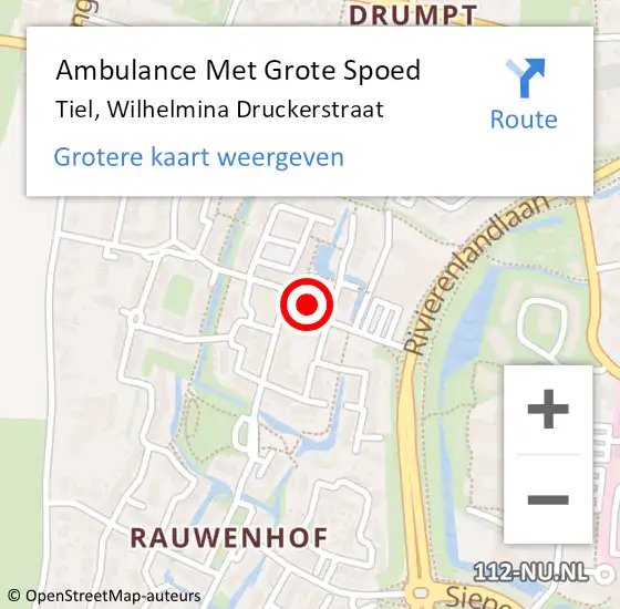 Locatie op kaart van de 112 melding: Ambulance Met Grote Spoed Naar Tiel, Wilhelmina Druckerstraat op 29 september 2021 02:38