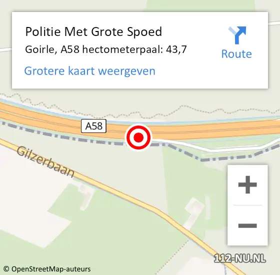 Locatie op kaart van de 112 melding: Politie Met Grote Spoed Naar Goirle, A58 hectometerpaal: 43,7 op 29 september 2021 08:01