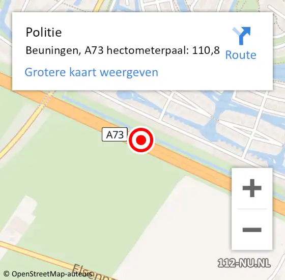 Locatie op kaart van de 112 melding: Politie Beuningen, A73 hectometerpaal: 110,8 op 29 september 2021 13:30