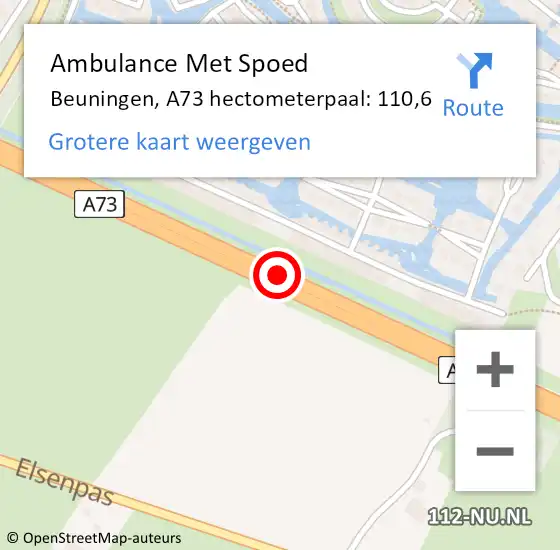 Locatie op kaart van de 112 melding: Ambulance Met Spoed Naar Beuningen, A73 hectometerpaal: 110,6 op 29 september 2021 13:35