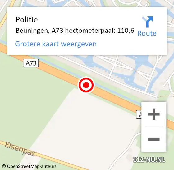 Locatie op kaart van de 112 melding: Politie Beuningen, A73 hectometerpaal: 110,6 op 29 september 2021 13:37
