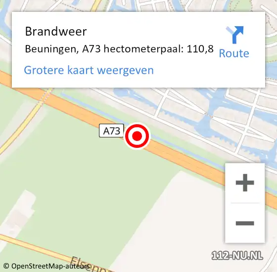 Locatie op kaart van de 112 melding: Brandweer Beuningen, A73 hectometerpaal: 110,8 op 29 september 2021 13:43