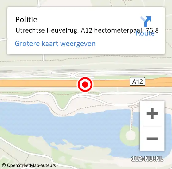 Locatie op kaart van de 112 melding: Politie Utrechtse Heuvelrug, A12 hectometerpaal: 76,8 op 29 september 2021 13:47