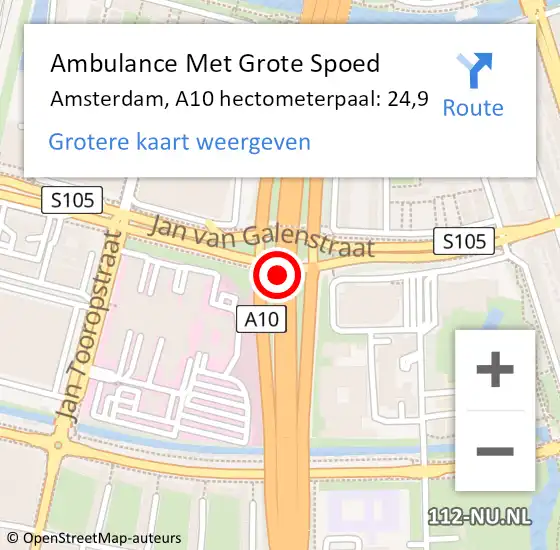 Locatie op kaart van de 112 melding: Ambulance Met Grote Spoed Naar Amsterdam, A10 hectometerpaal: 24,9 op 29 september 2021 14:25