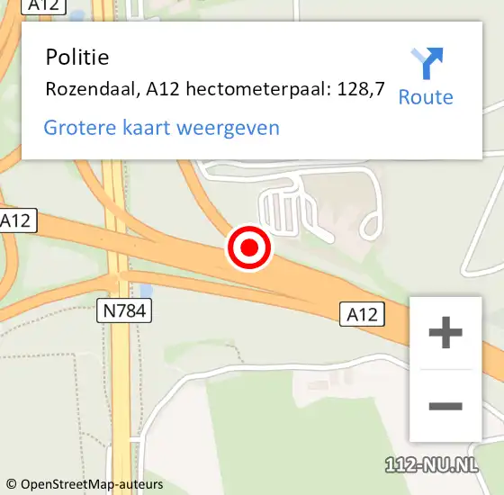 Locatie op kaart van de 112 melding: Politie Rozendaal, A12 hectometerpaal: 128,7 op 29 september 2021 14:32