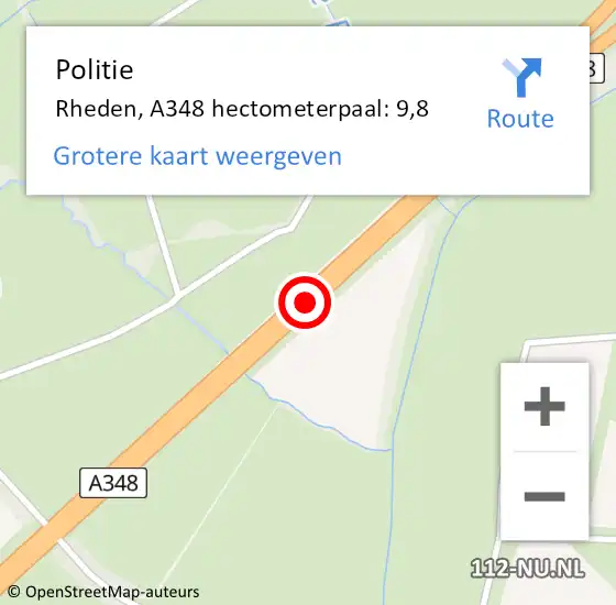 Locatie op kaart van de 112 melding: Politie Rheden, A348 hectometerpaal: 9,8 op 29 september 2021 16:46