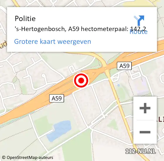 Locatie op kaart van de 112 melding: Politie 's-Hertogenbosch, A59 hectometerpaal: 142,2 op 29 september 2021 17:18