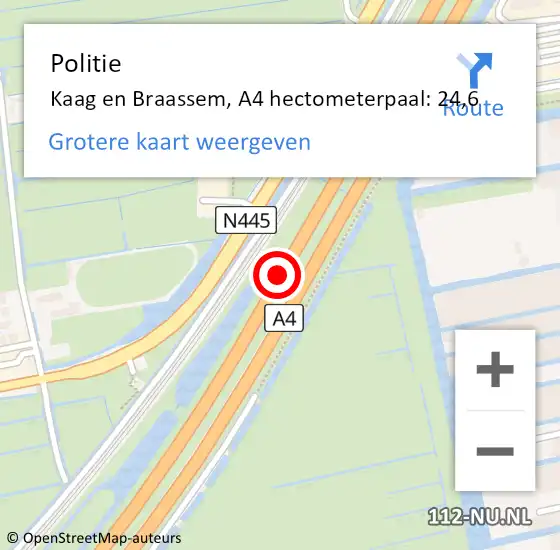 Locatie op kaart van de 112 melding: Politie Kaag en Braassem, A4 hectometerpaal: 24,6 op 29 september 2021 18:25