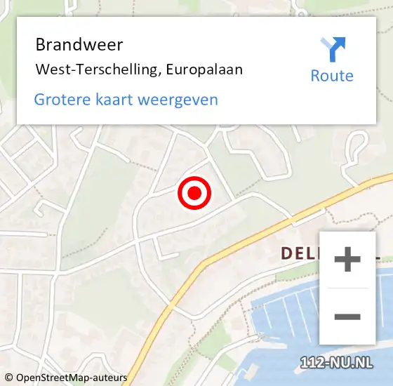 Locatie op kaart van de 112 melding: Brandweer West-Terschelling, Europalaan op 29 september 2021 21:06