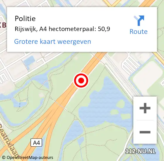 Locatie op kaart van de 112 melding: Politie Rijswijk, A4 hectometerpaal: 50,9 op 29 september 2021 22:03