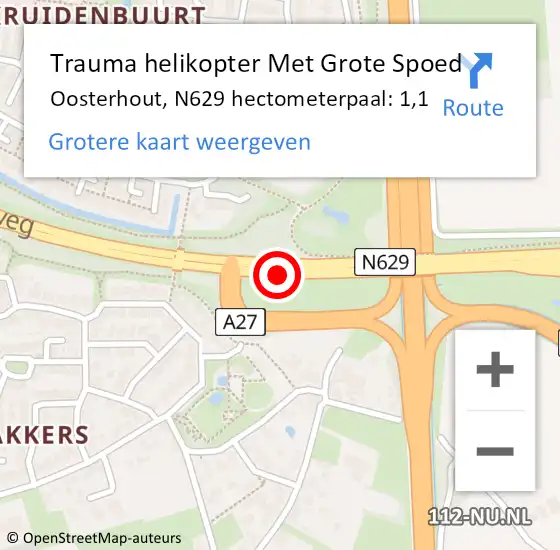 Locatie op kaart van de 112 melding: Trauma helikopter Met Grote Spoed Naar Oosterhout, N629 hectometerpaal: 1,1 op 30 september 2021 06:16