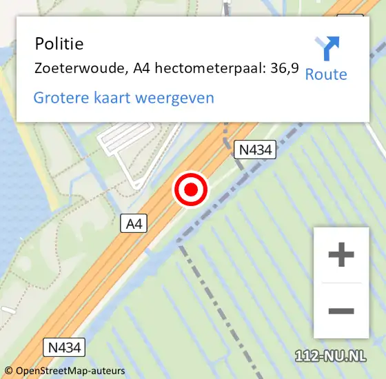 Locatie op kaart van de 112 melding: Politie Zoeterwoude, A4 hectometerpaal: 36,9 op 30 september 2021 06:30