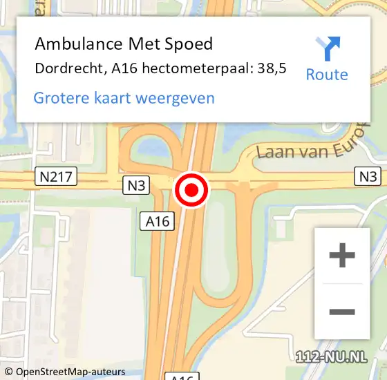 Locatie op kaart van de 112 melding: Ambulance Met Spoed Naar Dordrecht, A16 hectometerpaal: 38,5 op 30 september 2021 07:12