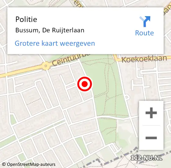 Locatie op kaart van de 112 melding: Politie Bussum, De Ruijterlaan op 30 september 2021 07:56