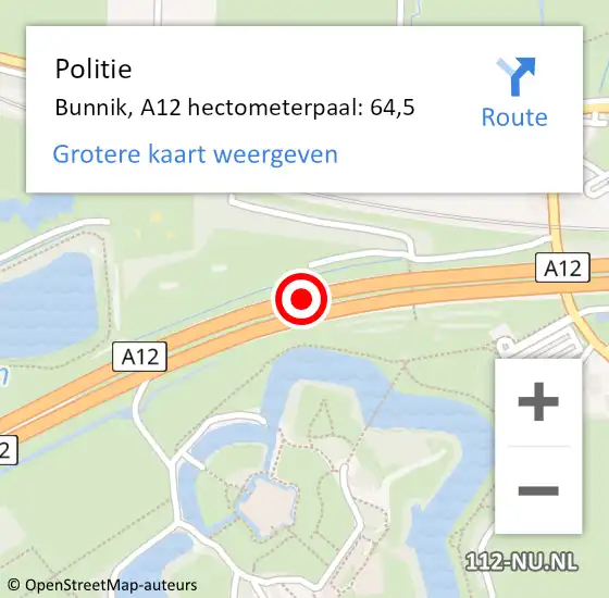 Locatie op kaart van de 112 melding: Politie Bunnik, A12 hectometerpaal: 64,5 op 30 september 2021 09:03