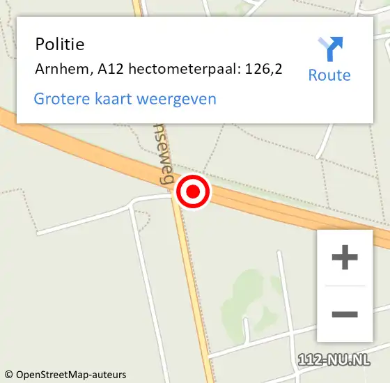 Locatie op kaart van de 112 melding: Politie Arnhem, A12 hectometerpaal: 126,2 op 30 september 2021 09:07