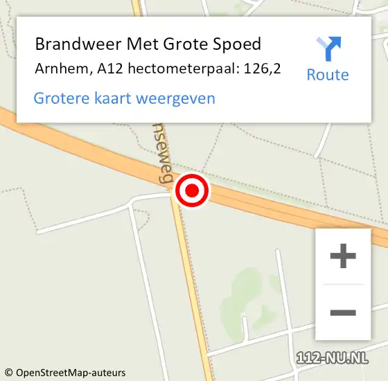 Locatie op kaart van de 112 melding: Brandweer Met Grote Spoed Naar Arnhem, A12 hectometerpaal: 126,2 op 30 september 2021 09:07