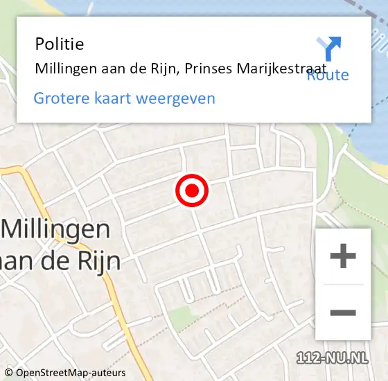 Locatie op kaart van de 112 melding: Politie Millingen aan de Rijn, Prinses Marijkestraat op 30 september 2021 10:59