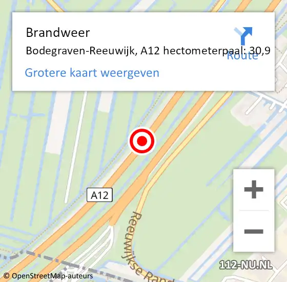 Locatie op kaart van de 112 melding: Brandweer Bodegraven-Reeuwijk, A12 hectometerpaal: 30,9 op 30 september 2021 16:35