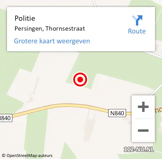 Locatie op kaart van de 112 melding: Politie Persingen, Thornsestraat op 1 oktober 2021 08:08