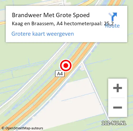 Locatie op kaart van de 112 melding: Brandweer Met Grote Spoed Naar Kaag en Braassem, A4 hectometerpaal: 25,2 op 1 oktober 2021 08:23