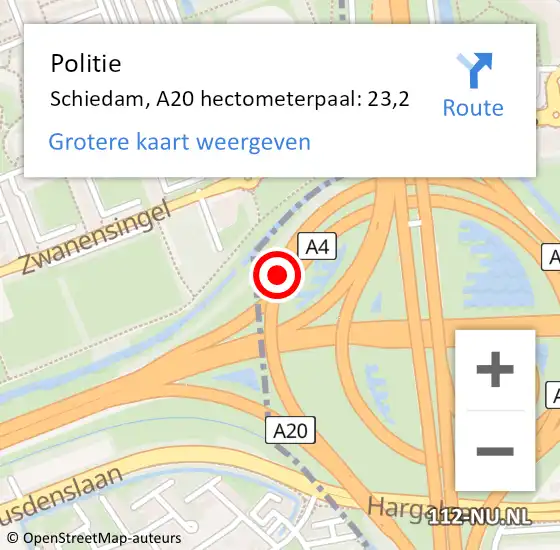 Locatie op kaart van de 112 melding: Politie Schiedam, A20 hectometerpaal: 23,2 op 1 oktober 2021 09:33