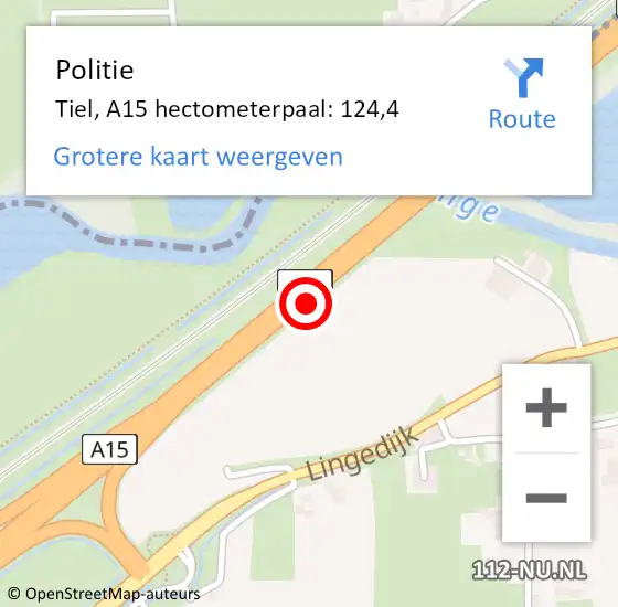 Locatie op kaart van de 112 melding: Politie Tiel, A15 hectometerpaal: 124,4 op 1 oktober 2021 10:13