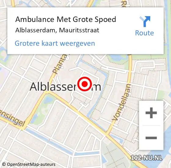 Locatie op kaart van de 112 melding: Ambulance Met Grote Spoed Naar Alblasserdam, Mauritsstraat op 1 oktober 2021 13:16