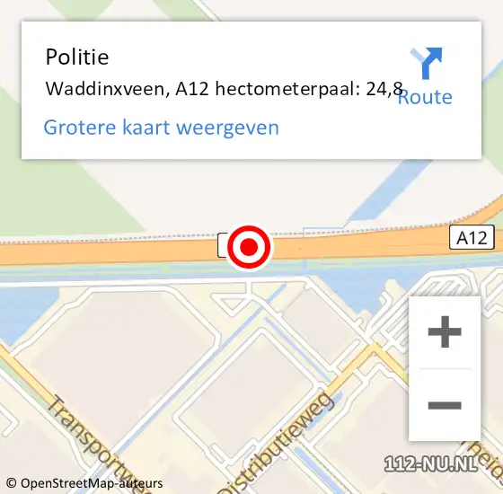 Locatie op kaart van de 112 melding: Politie Waddinxveen, A12 hectometerpaal: 24,8 op 1 oktober 2021 13:19