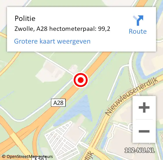 Locatie op kaart van de 112 melding: Politie Zwolle, A28 hectometerpaal: 99,2 op 1 oktober 2021 16:28