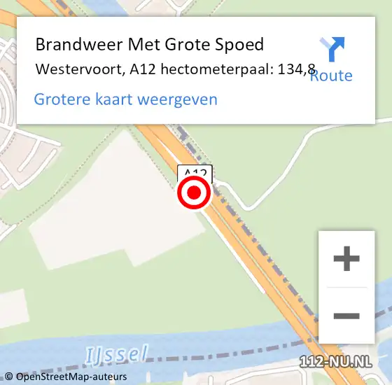 Locatie op kaart van de 112 melding: Brandweer Met Grote Spoed Naar Westervoort, A12 hectometerpaal: 134,8 op 1 oktober 2021 16:58