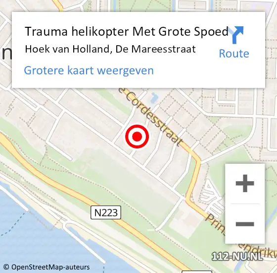 Locatie op kaart van de 112 melding: Trauma helikopter Met Grote Spoed Naar Hoek van Holland, De Mareesstraat op 1 oktober 2021 18:51