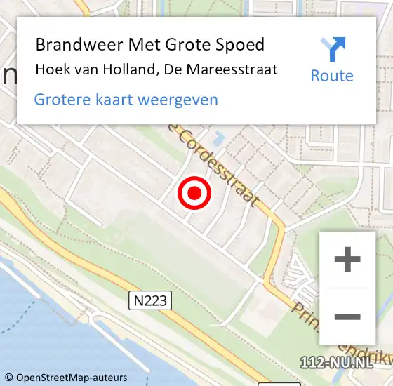 Locatie op kaart van de 112 melding: Brandweer Met Grote Spoed Naar Hoek van Holland, De Mareesstraat op 1 oktober 2021 18:51