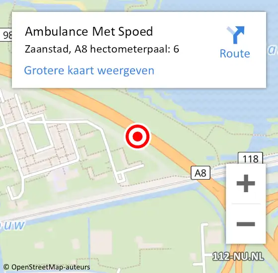Locatie op kaart van de 112 melding: Ambulance Met Spoed Naar Zaanstad, A8 hectometerpaal: 6 op 1 oktober 2021 19:37