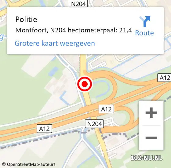 Locatie op kaart van de 112 melding: Politie Montfoort, N204 hectometerpaal: 21,4 op 1 oktober 2021 19:55