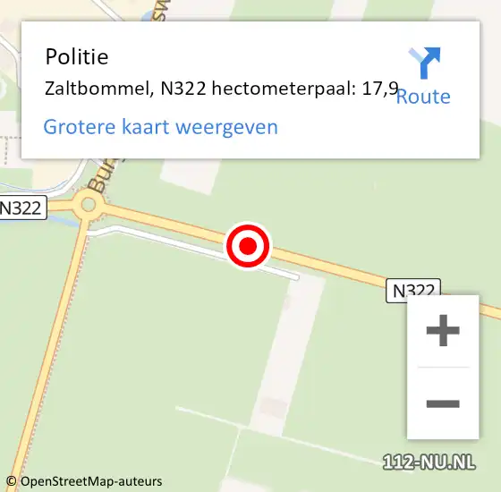 Locatie op kaart van de 112 melding: Politie Zaltbommel, N322 hectometerpaal: 17,9 op 2 oktober 2021 05:00