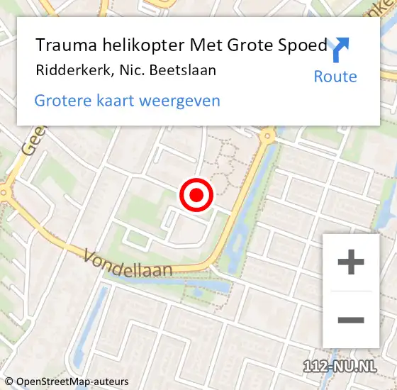 Locatie op kaart van de 112 melding: Trauma helikopter Met Grote Spoed Naar Ridderkerk, Nic. Beetslaan op 2 oktober 2021 07:48