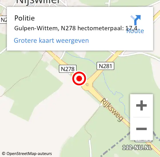 Locatie op kaart van de 112 melding: Politie Gulpen-Wittem, N278 hectometerpaal: 17,4 op 2 oktober 2021 07:59