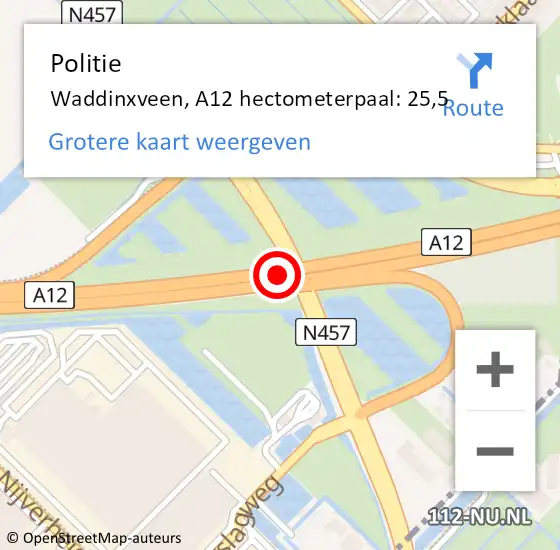 Locatie op kaart van de 112 melding: Politie Waddinxveen, A12 hectometerpaal: 25,5 op 2 oktober 2021 13:42