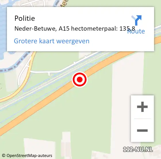 Locatie op kaart van de 112 melding: Politie Neder-Betuwe, A15 hectometerpaal: 135,8 op 2 oktober 2021 15:21